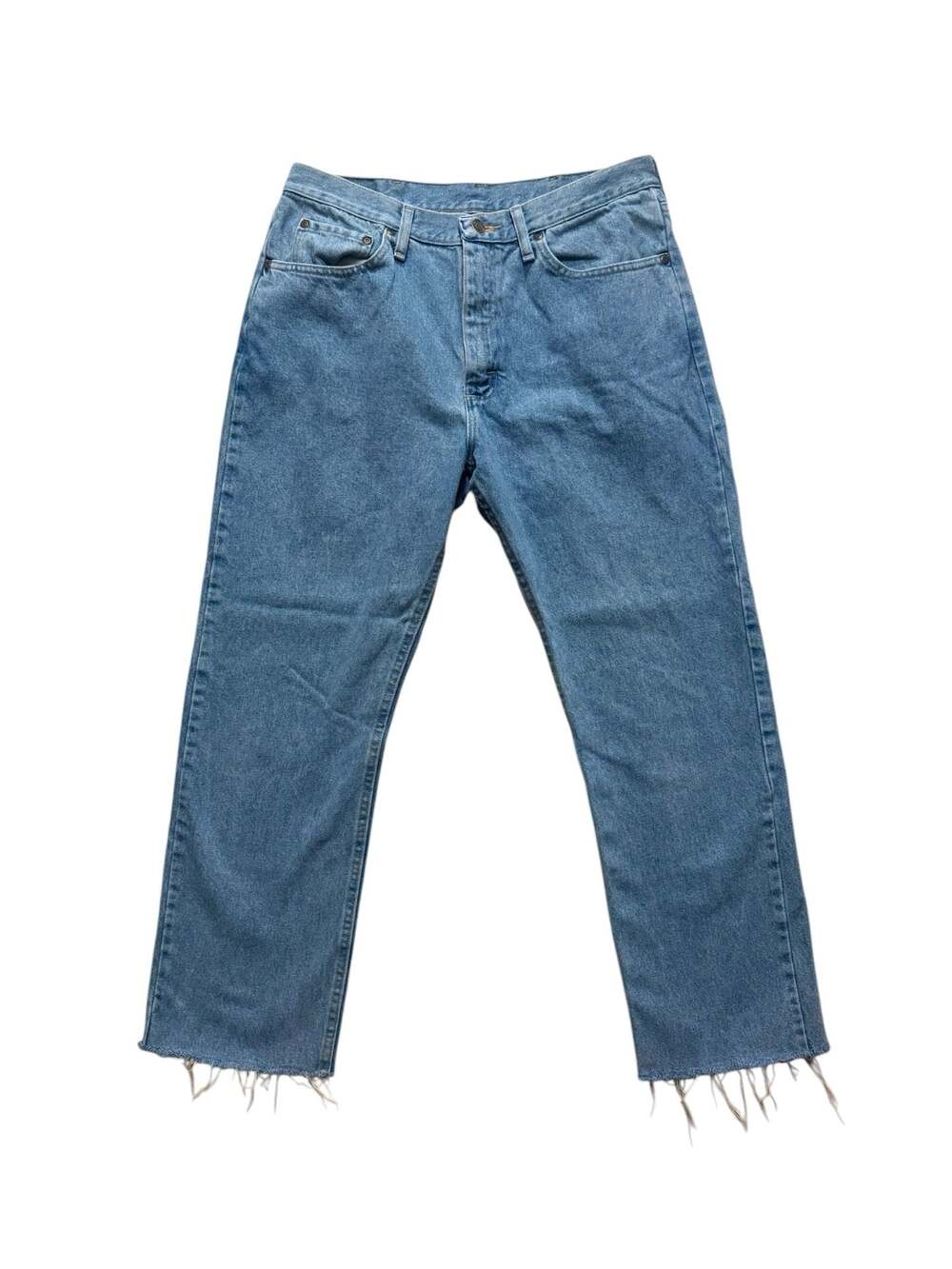 Wrangler Regular Fit Blue Denim Jeans 34x30 Raw Hem